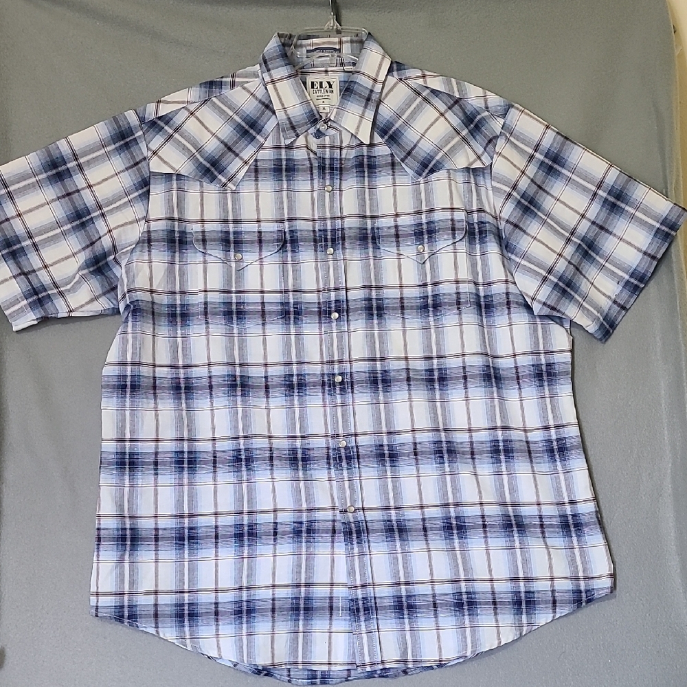 ELY CATTLEMAN Men's White and Blue Plaid Casual Pearl Snap Shirt - Size XL‎